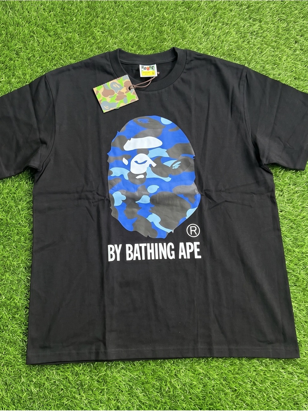 Black T-Shirt with Blue Camo Ape Graphic